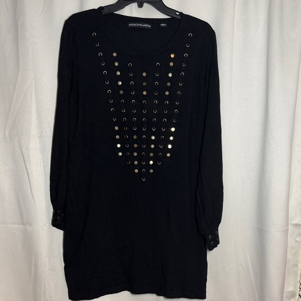 Michael Simon Black Gold Stud Woven‎ Black Sweater Dress Balloon Sleeve Large